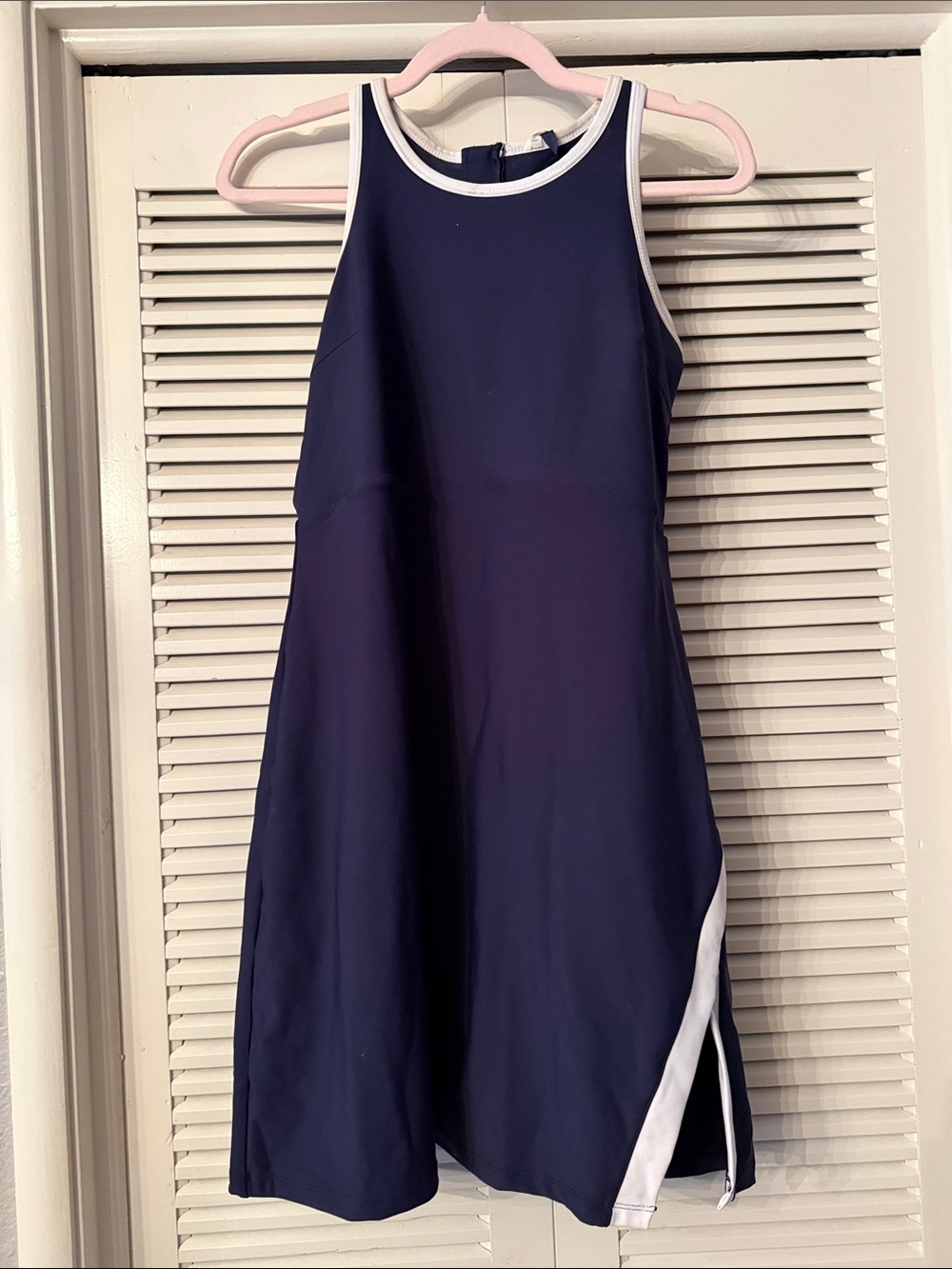 Navy Blue Sleeveless Midi Dress with White Trim